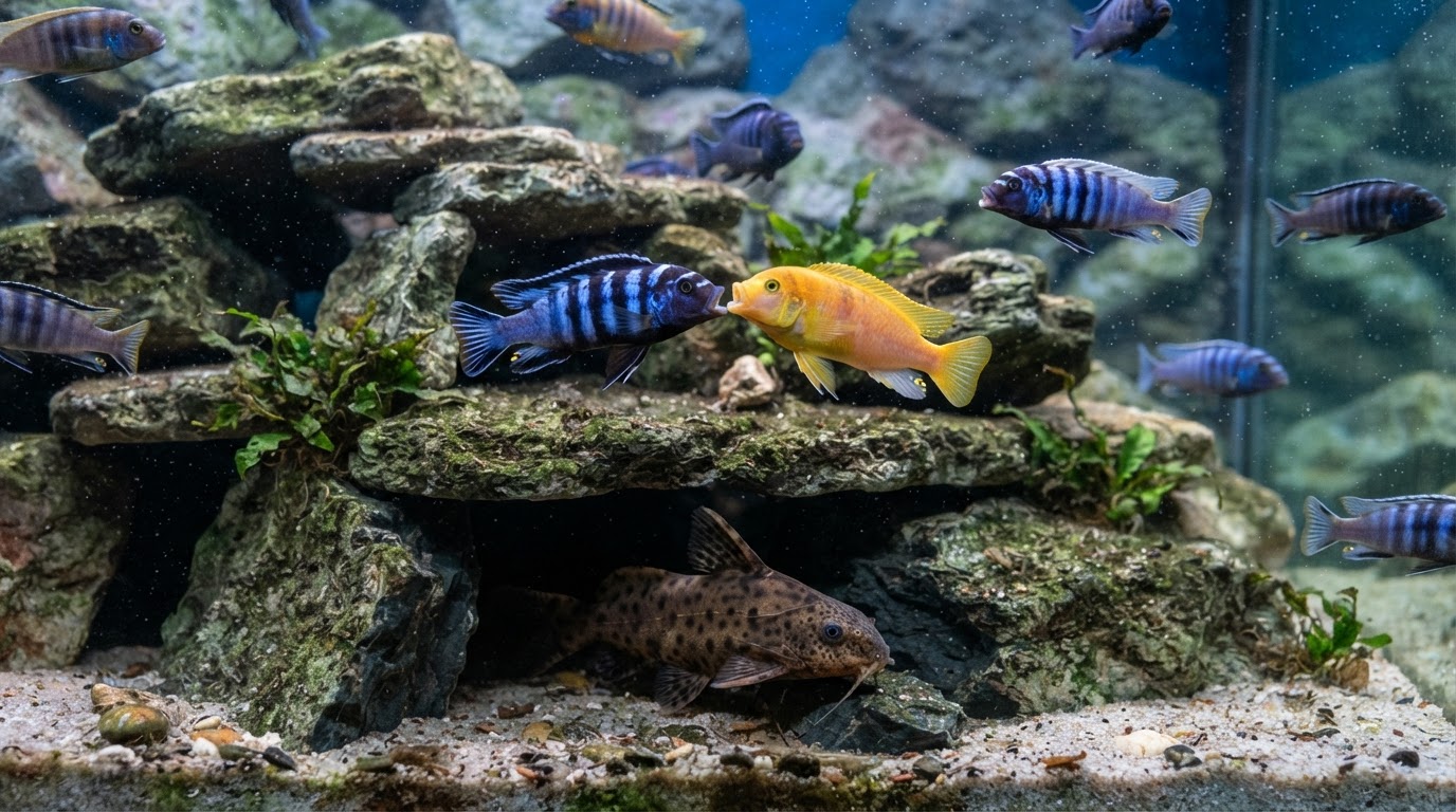 Editorial illustration for cichlid tank mates.