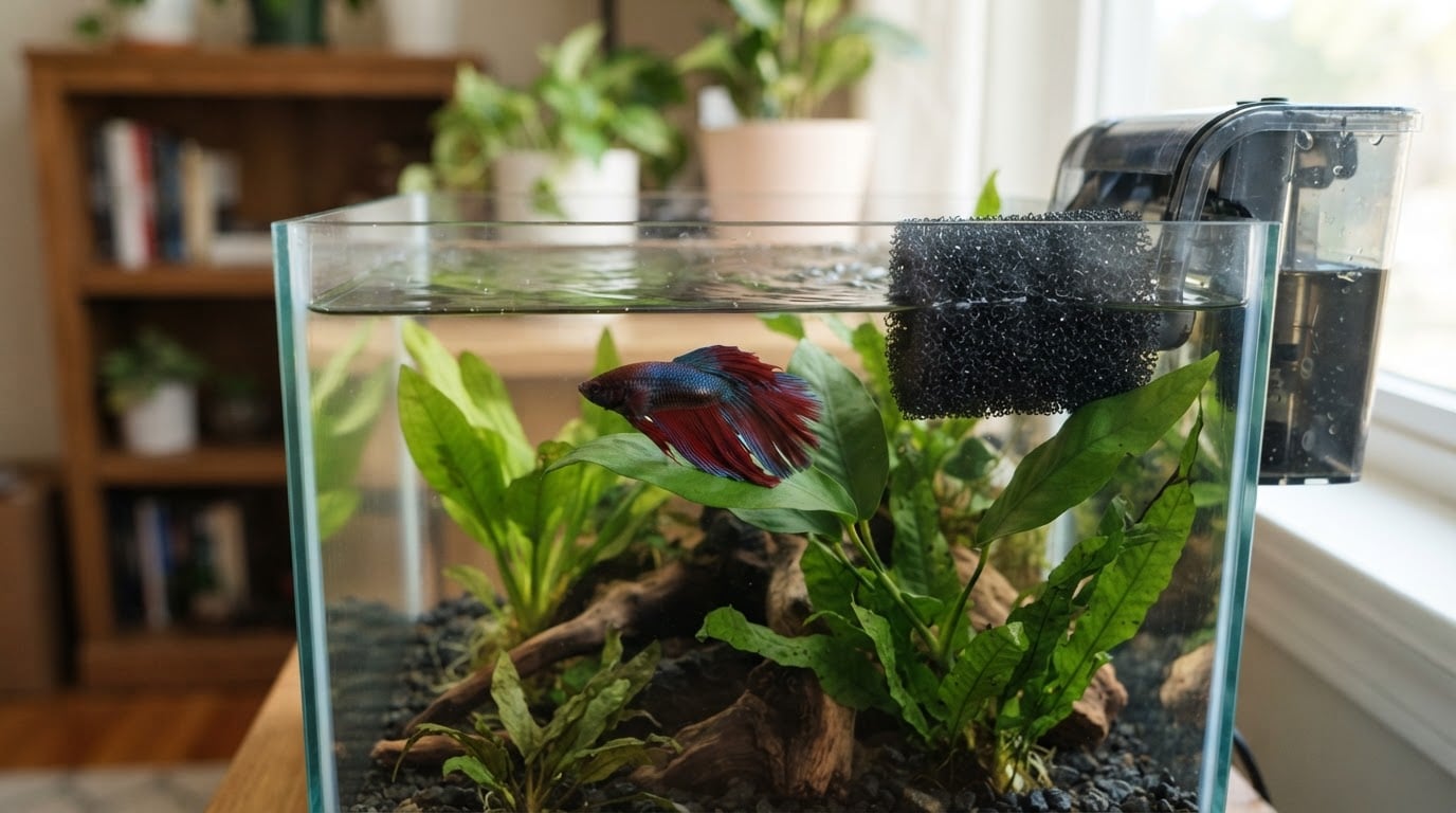 Editorial illustration for betta fish tank with filter.