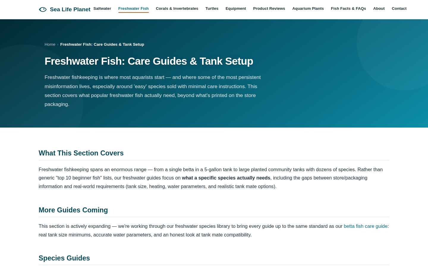 First-level category landing for freshwater fish: H1 and intro for freshwater care guides and tank setup.