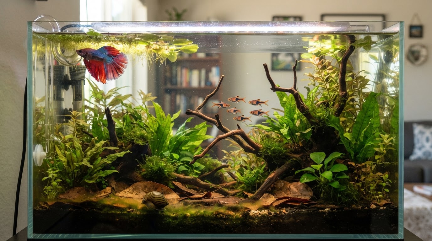 Editorial illustration for betta fish tank mates.