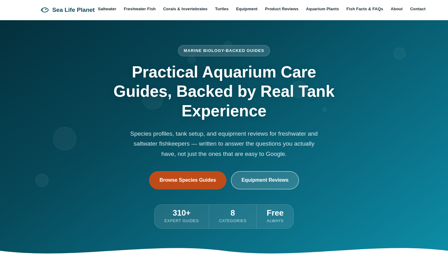Above-the-fold hero of the Sea Life Planet homepage: value proposition headline, primary CTAs (Browse Species Guides / Equipment Reviews), trust stats, and primary nav.