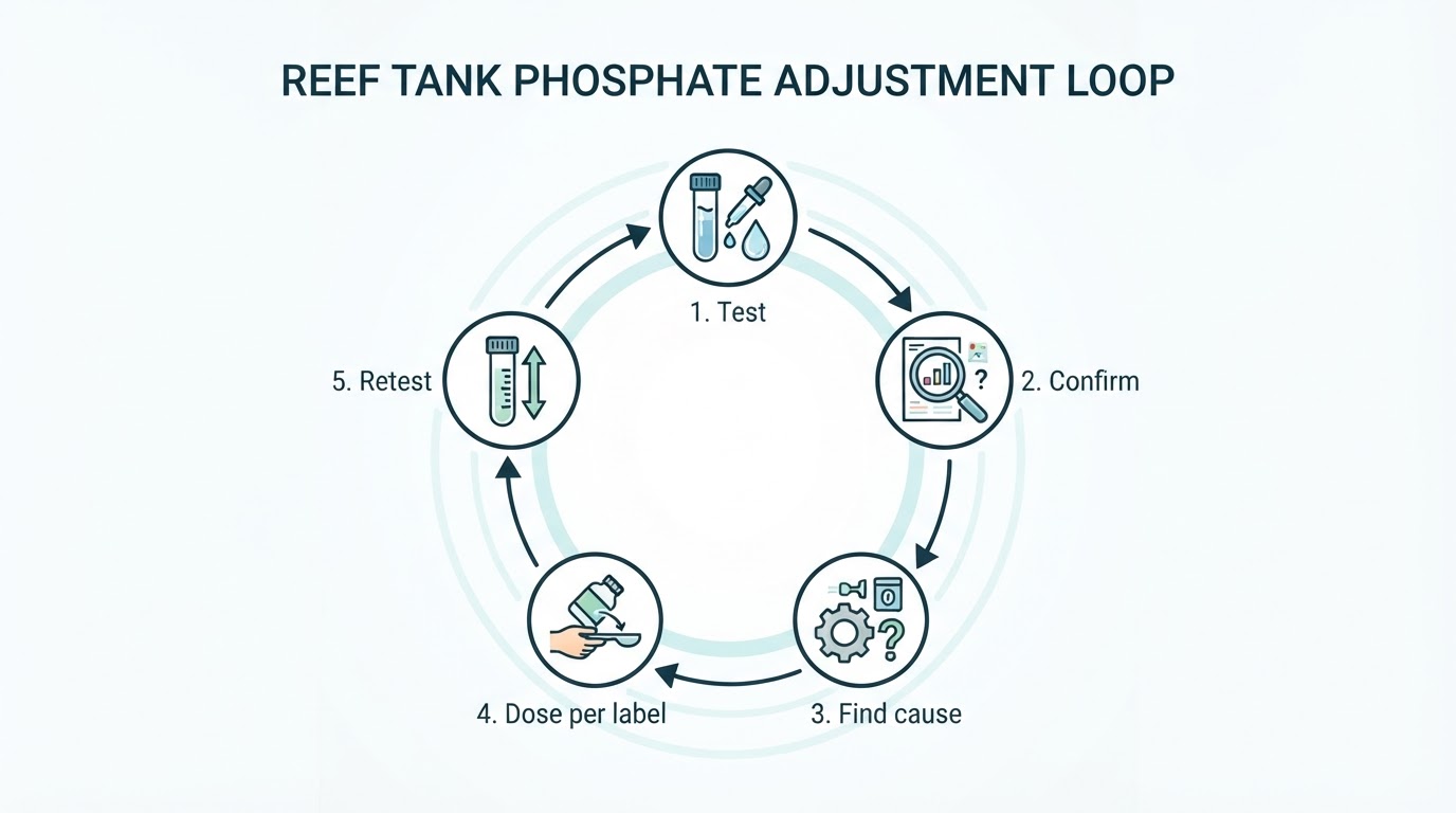 Workflow diagram for how to raise phosphate in reef tank.