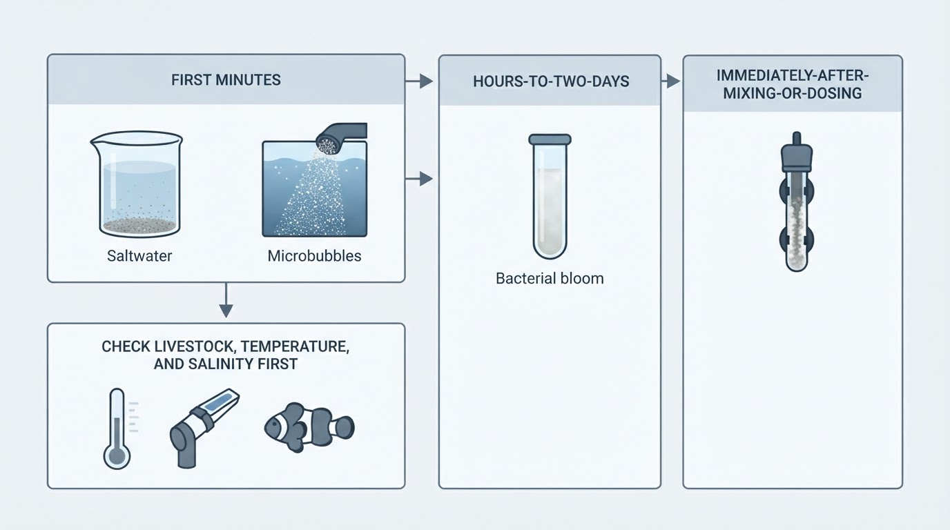 Workflow diagram for why is my saltwater tank cloudy after water change.