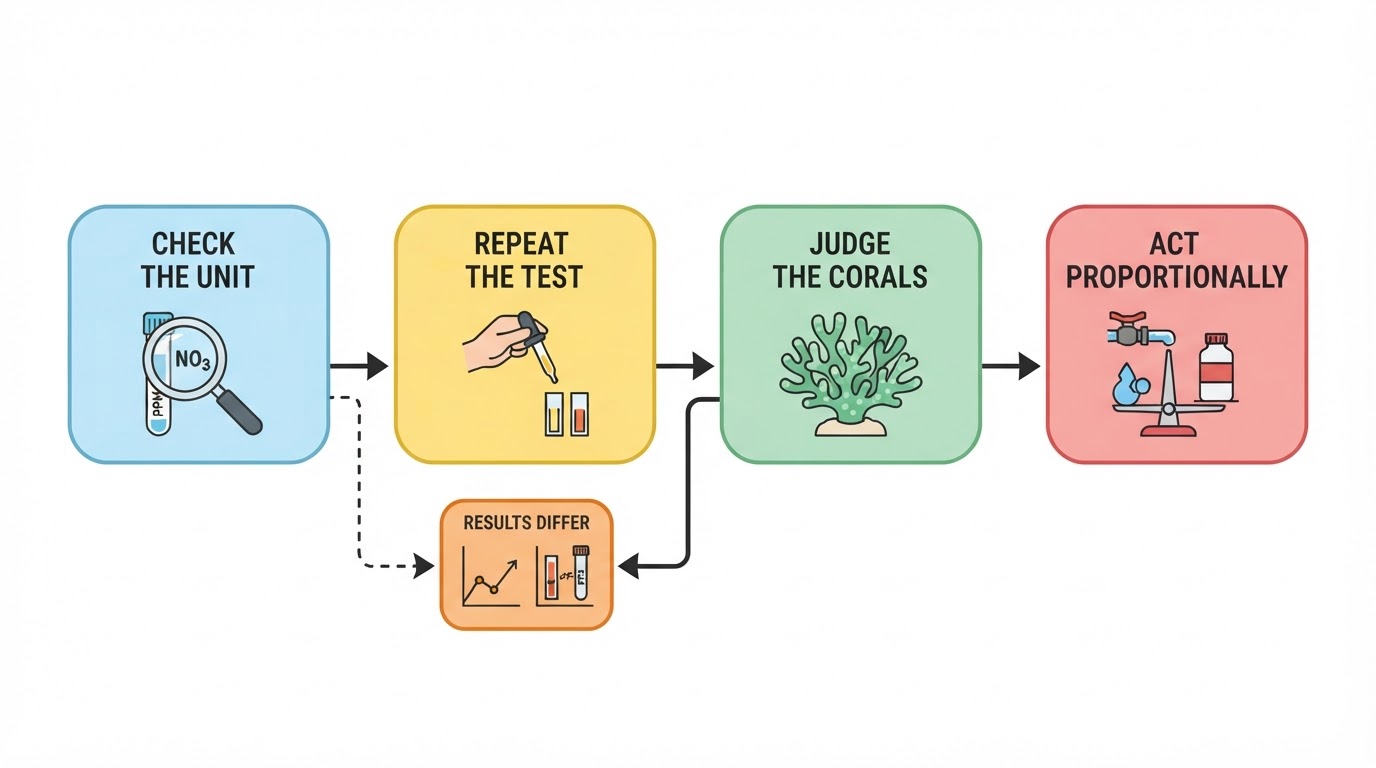Workflow diagram for 40 ppm nitrate in reef tank.