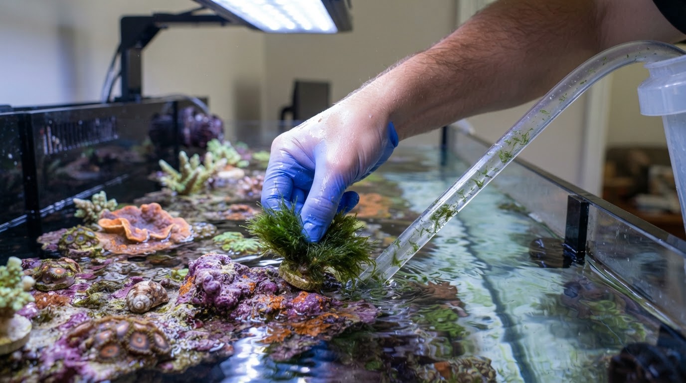 Editorial illustration for bryopsis algae reef tank.