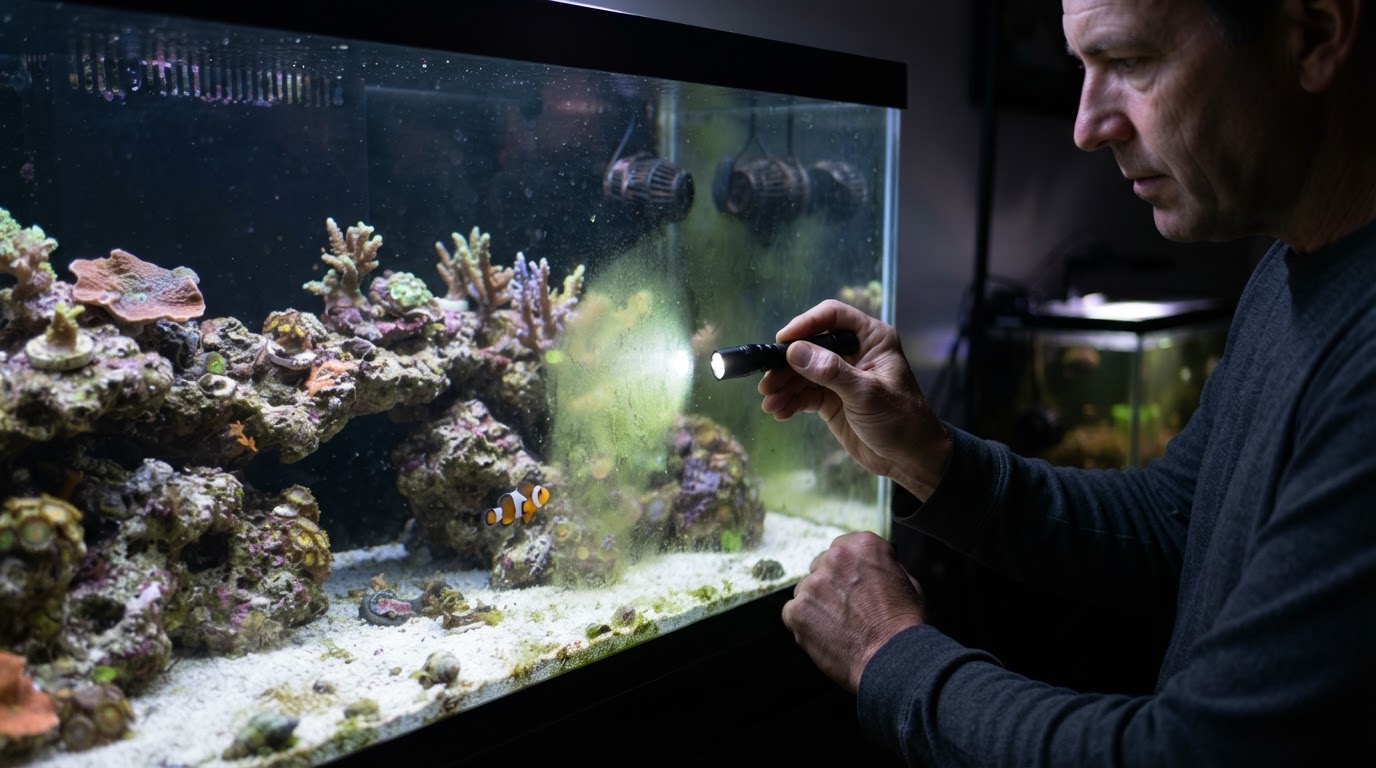 Editorial illustration for green film algae reef tank.