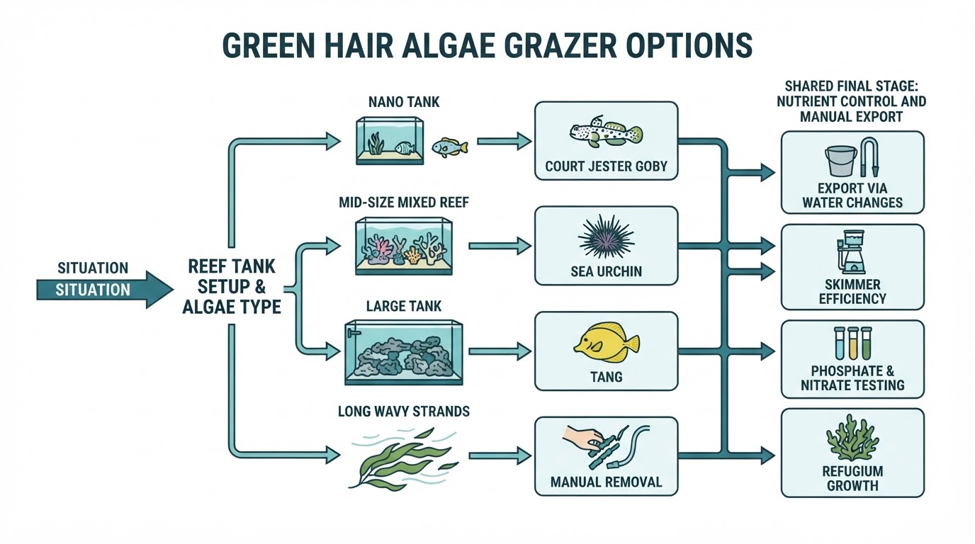 Workflow diagram for what eats green hair algae in reef tank.