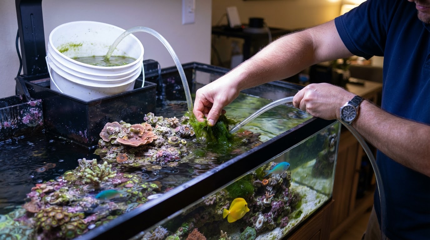 Editorial illustration for what eats green hair algae in reef tank.