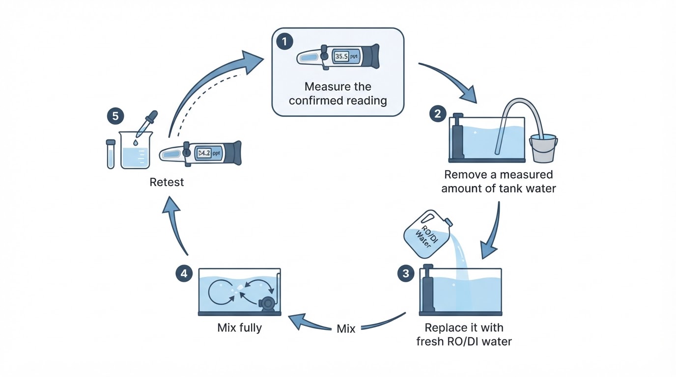 Workflow diagram for how to lower salinity in aquarium.