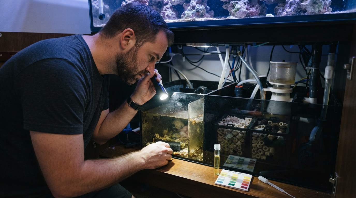 Editorial illustration for reef tank ammonia spike.